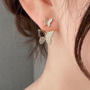Double butterfly earrings, rear hanging double butterfly earings, rhinestone
